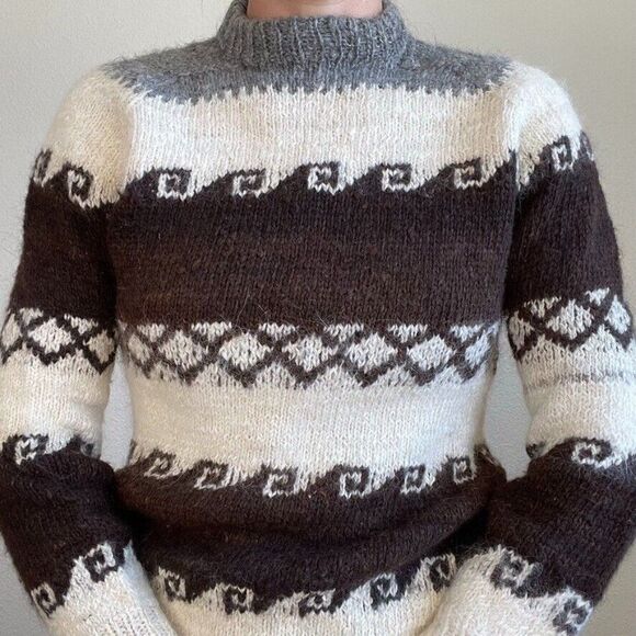 Vintage Hand Knit Neutral Brown Alpaca Geometric Crewneck Retro Sweater Sz M - Picture 3 of 9